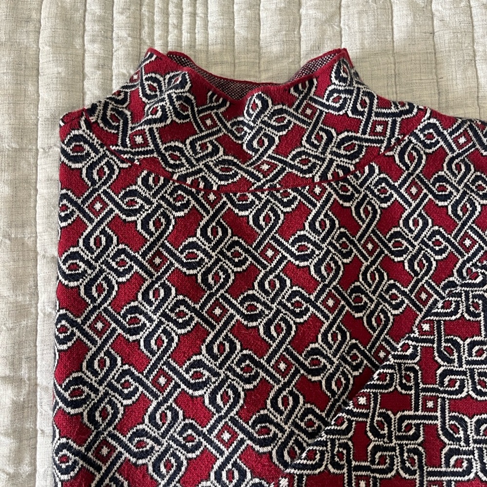 Maeve Carys Burgundy and Navy Geometric Patterned Funnel neck sweater